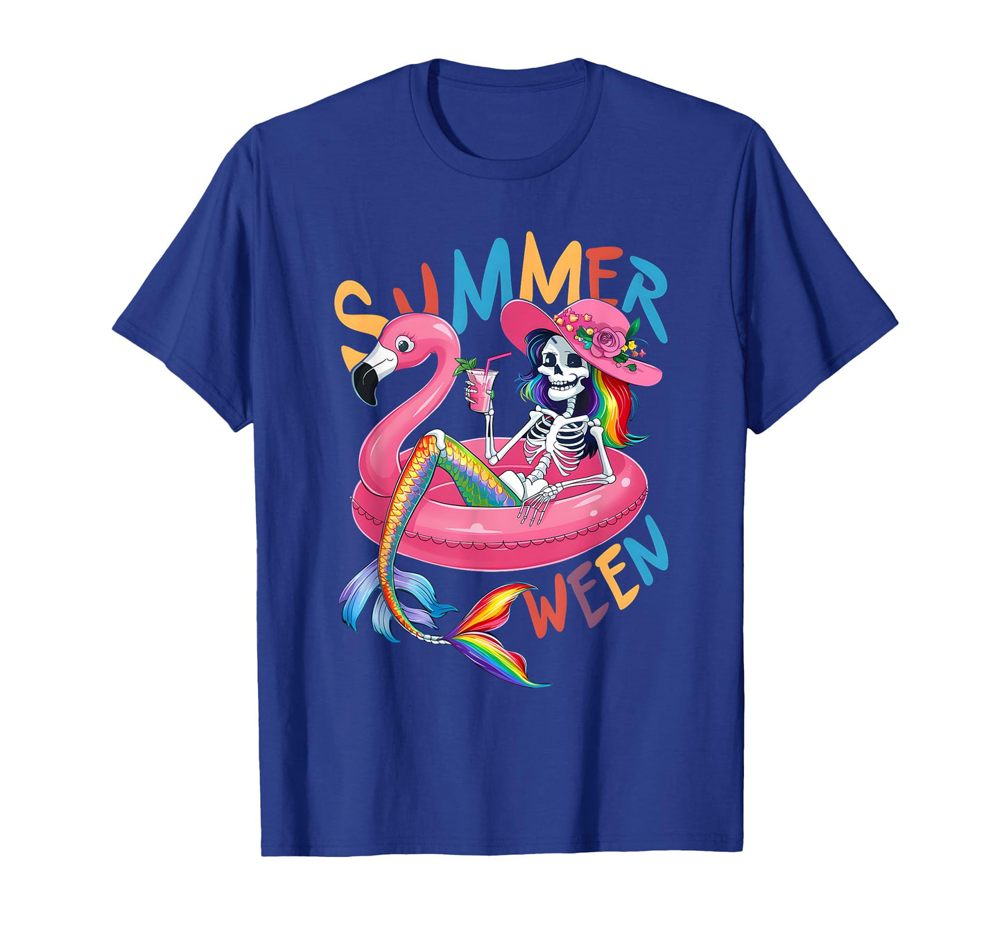 Summerween Mermaid Skeleton Flamingo Summer Halloween Women T-Shirt