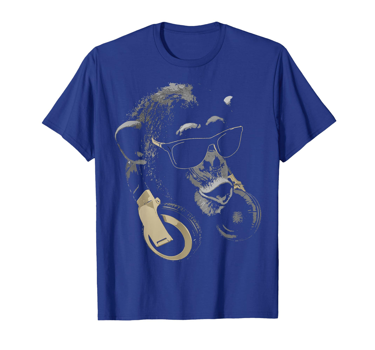 Funny Cute Happy and Cool Animal Design Love Store Monkey Chimpanzee with Sunglasses and Headphones T-Shirt - Unisex Adults - Black - Small