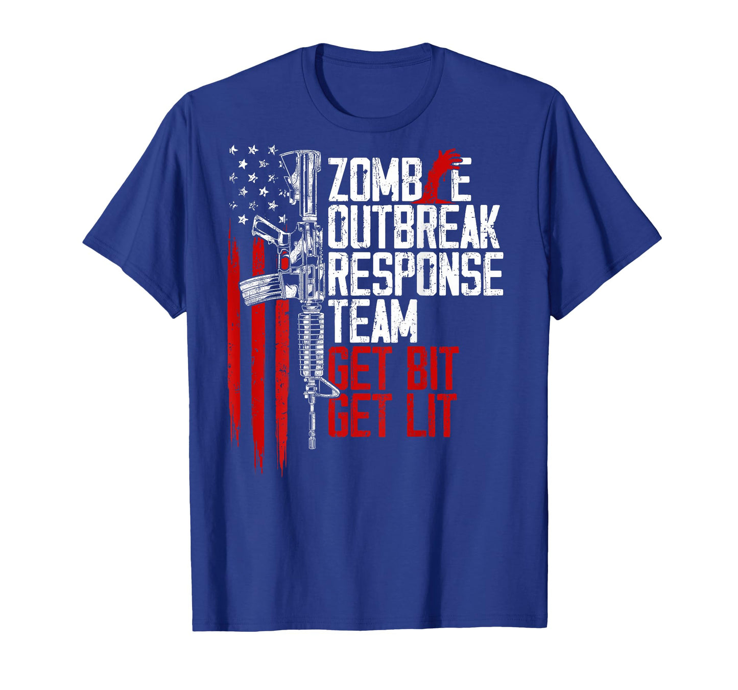 USA Flag Zombie Outbreak Response Team Get Bit (on back) T-Shirt for Women Men