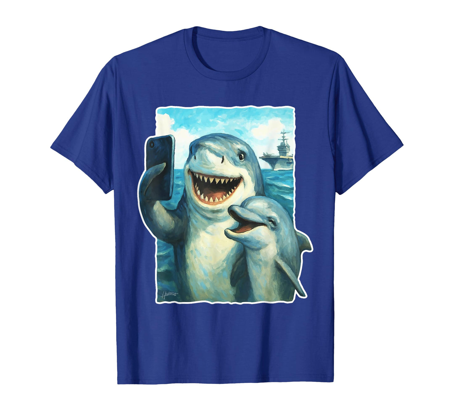 Funny Shark and Dolphin Taking Selfie with Aircraft Carrier T-Shirt
