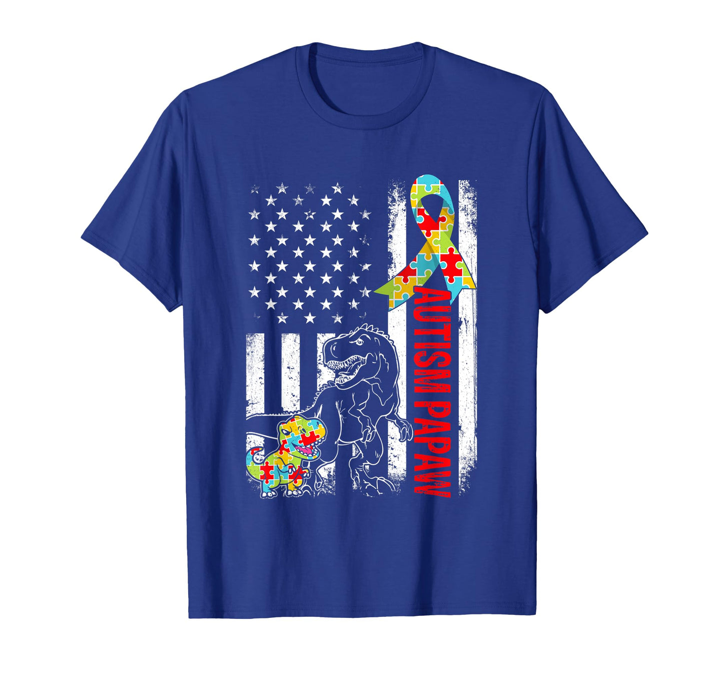 American Flag Autism Papaw Dinosaur Awareness Autistic Women Kids Men T-Shirt