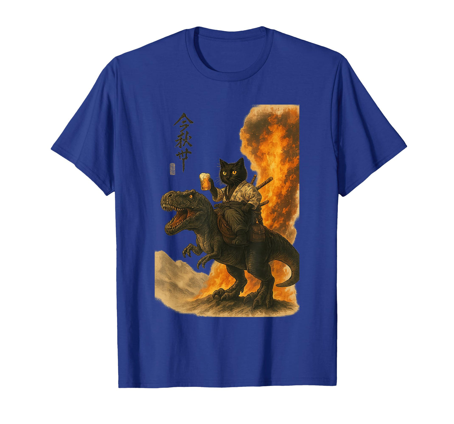 Black Cat Samurai Dinosaur Sea Wave Print T-Shirt