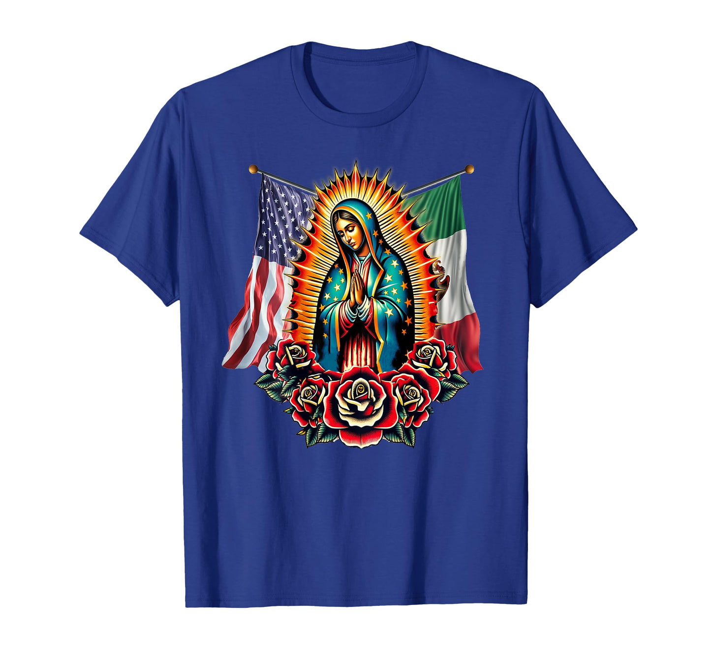 Virgen De Guadalupe Virgin Mary Mexican American Flag T-Shirt