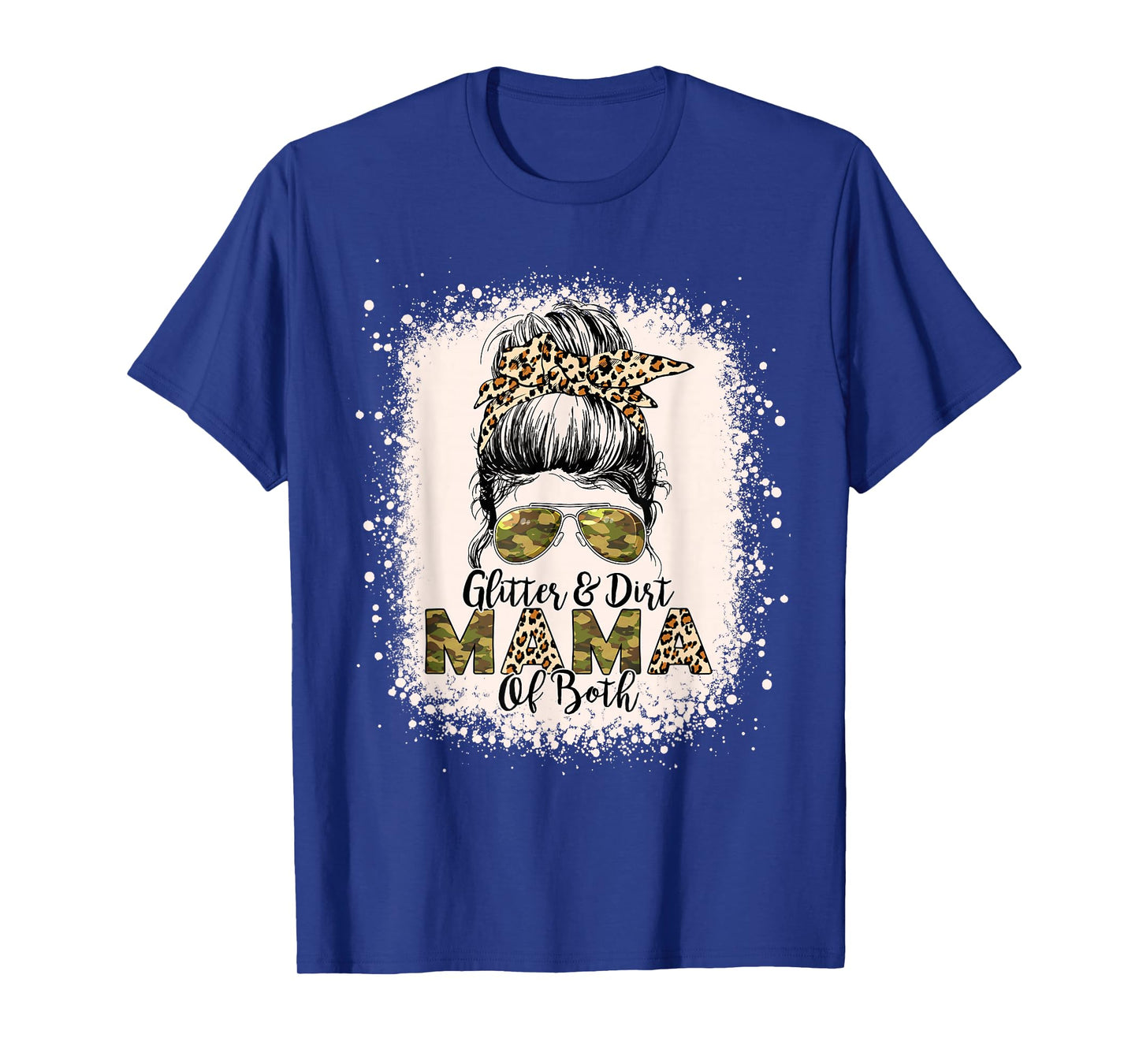 Glitter & Dirt Mama Of Both Leopard Camo Messy Bun Bleached T-Shirt