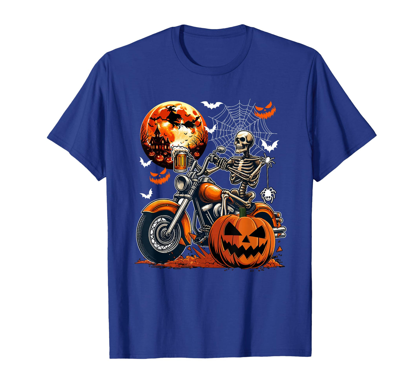 Skeleton Drinking Beer On Motorcycle Halloween Pumpkins T-Shirt