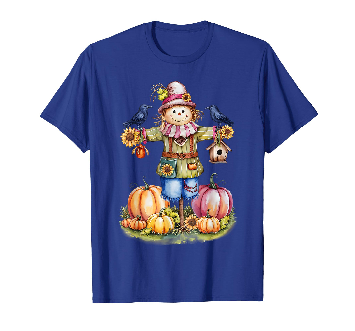 Scarecrow In Pumpkin Garden Hello Fall Autumn Falling Leaves T-Shirt