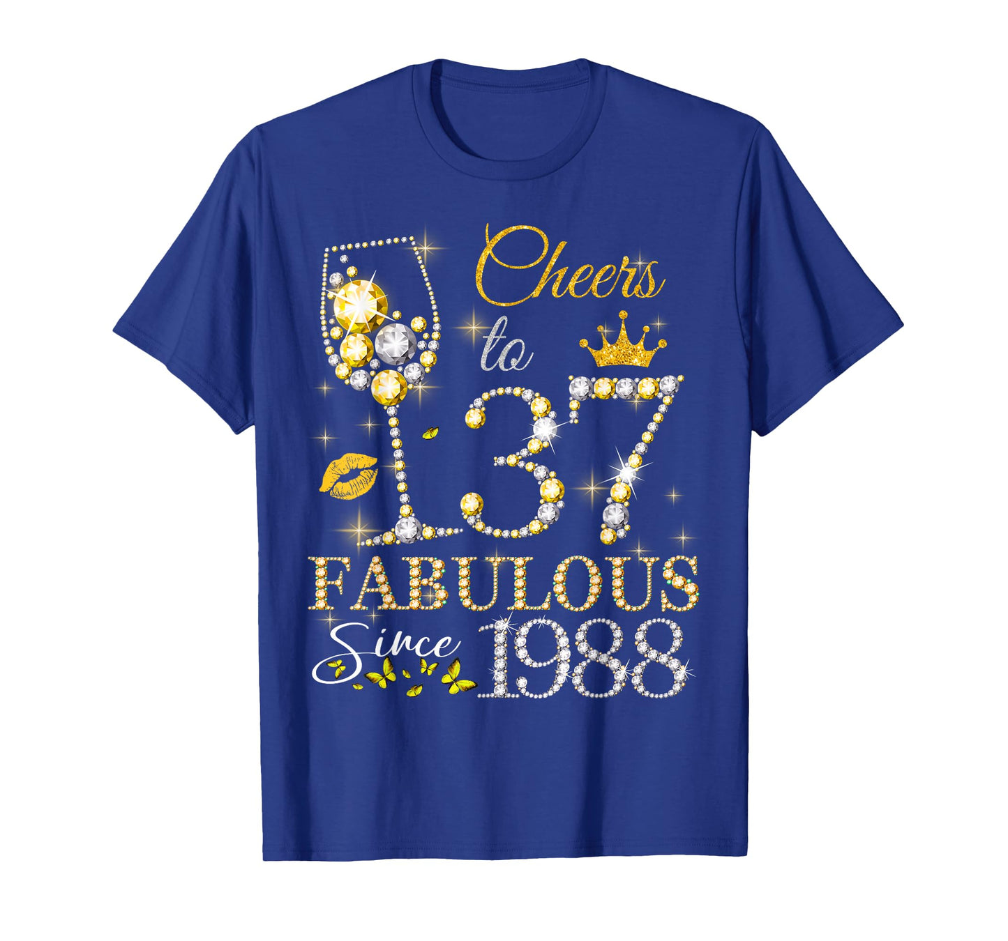 Womens Cheers to 37 Years Old EST 1988 37th Birthday Queen T-Shirt