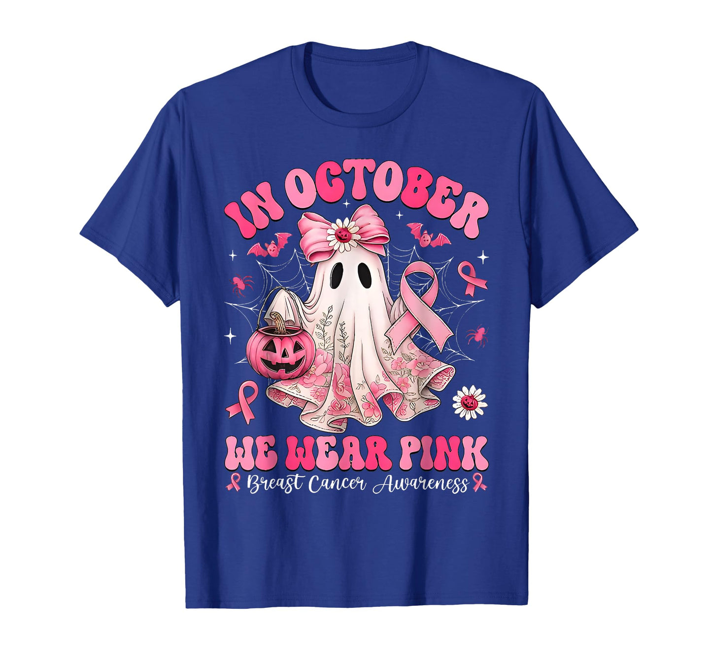 in October We Wear Pink Ghost Bow Breast Cancer Awareness T-Shirt