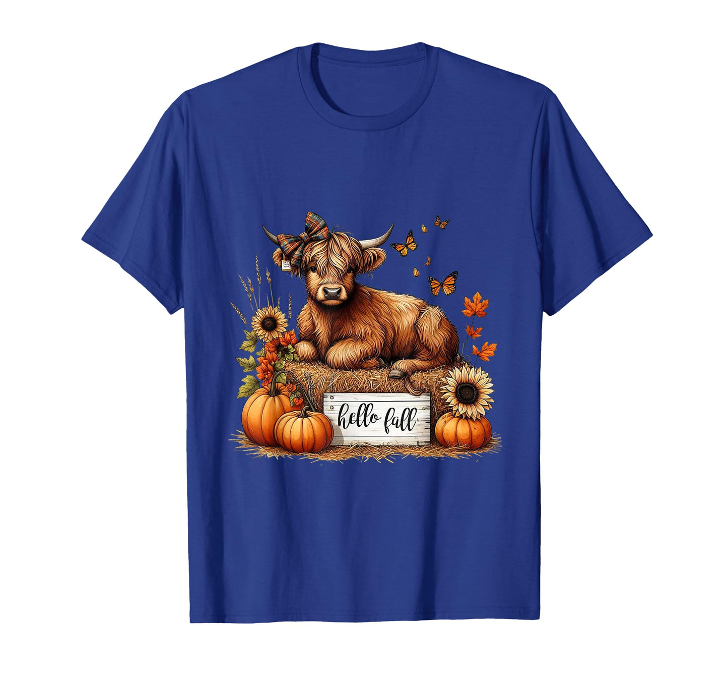 Hello Fall Pumkin Highland Cow Fall Autumn Thanksgiving T-Shirt