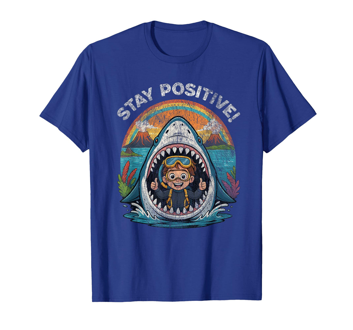 Stay Positive Shark Volcano Adventure Vintage Cartoon Kids T-Shirt