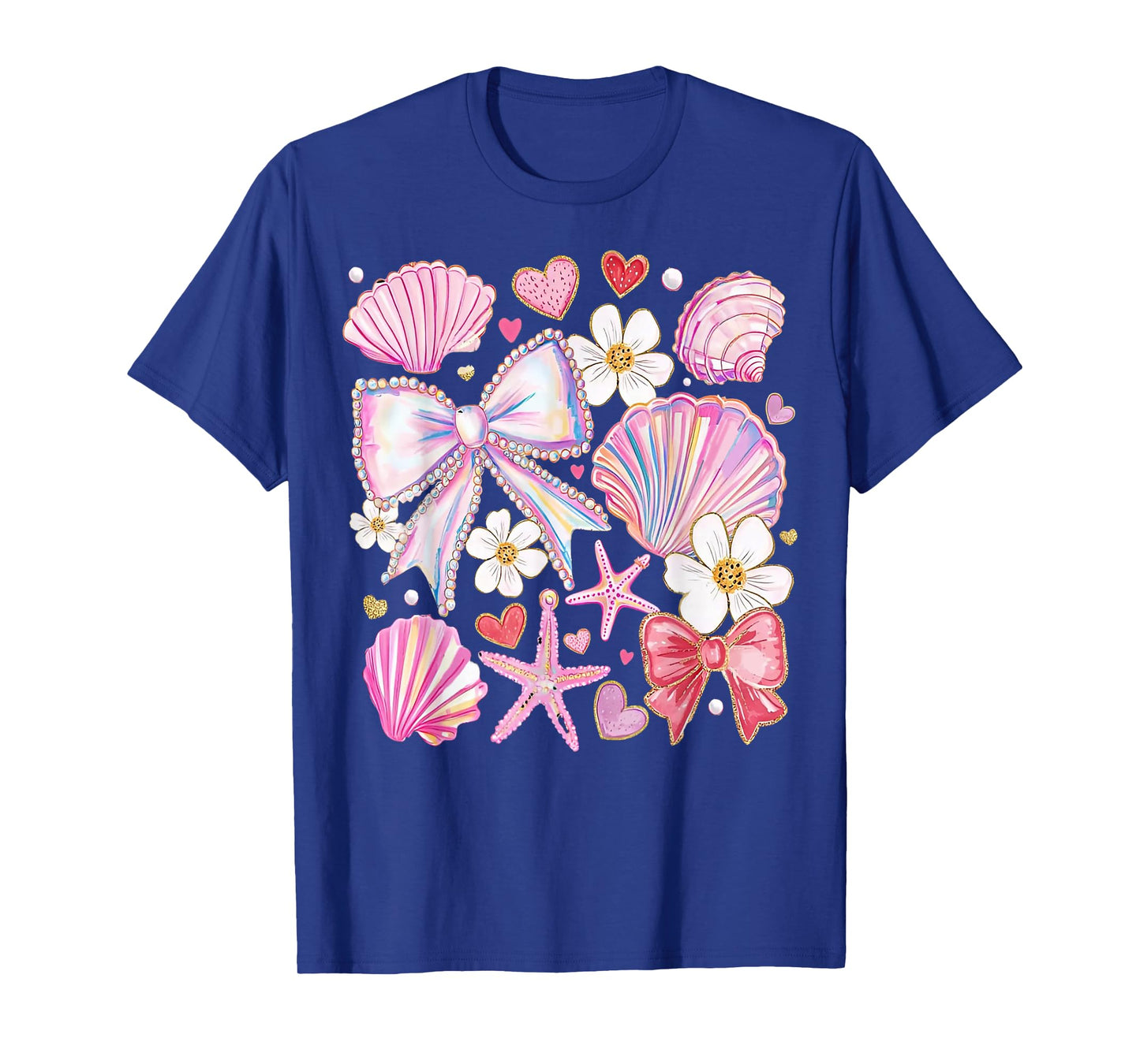 Coquette Pearl Bow Pink Starfish Seashell Summer For Girls T-Shirt