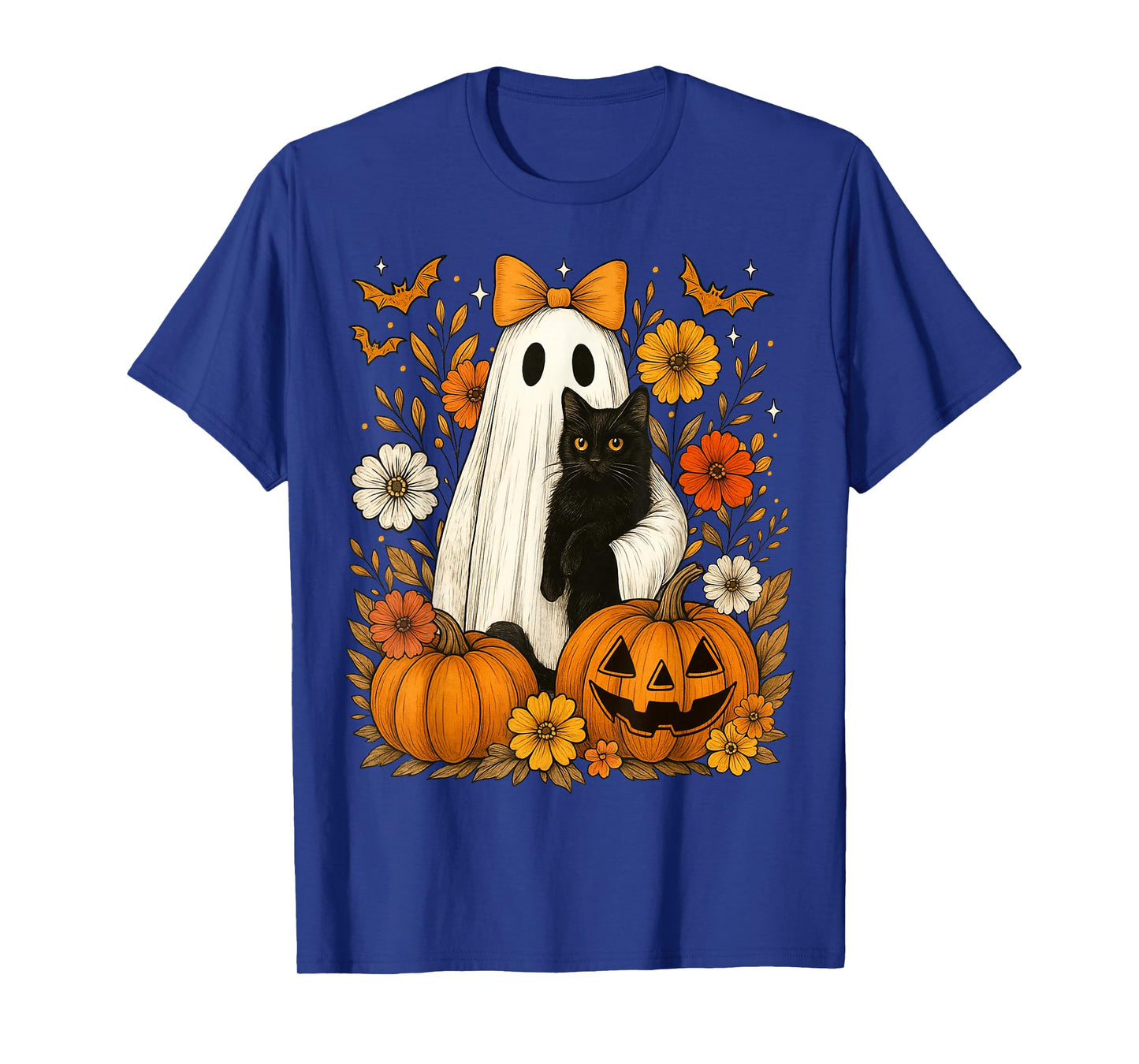 Vintage Halloween Ghost Holding Black Cat Groovy Floral T-Shirt