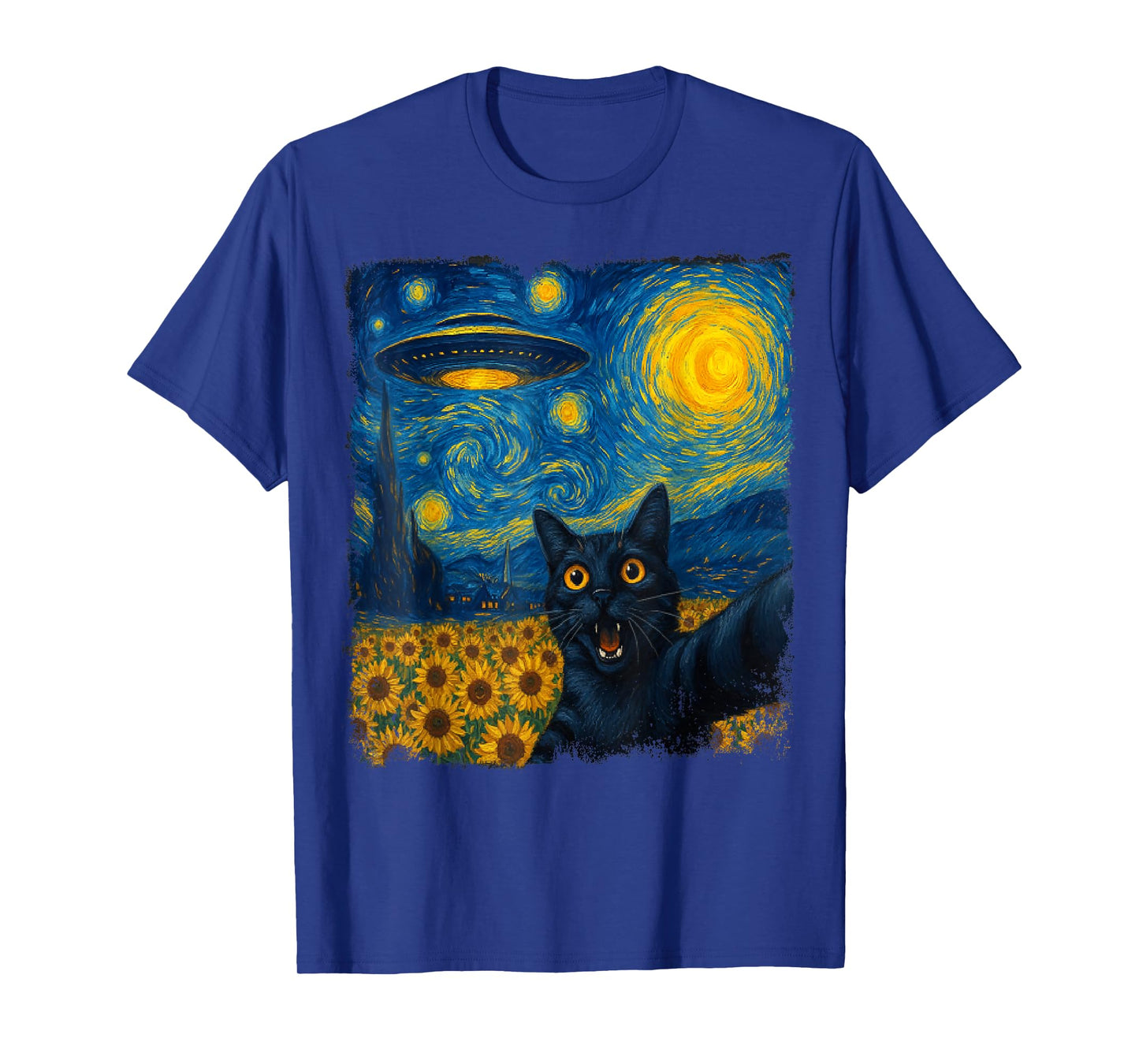Cat Selfie with UFO Starry Night Van Gogh Cat Men Women Kids T-Shirt