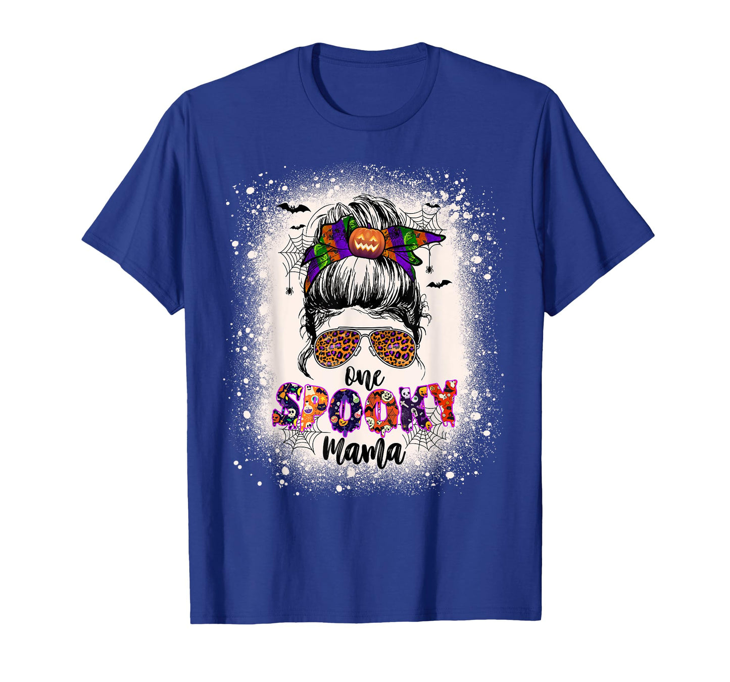 One Spooky Mama Mommy Halloween Mom Life Messy Bun Bleached T-Shirt