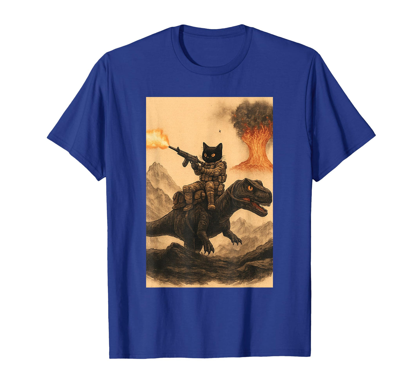 Vintage Cat Riding Dinosaur Battle Print T-Shirt