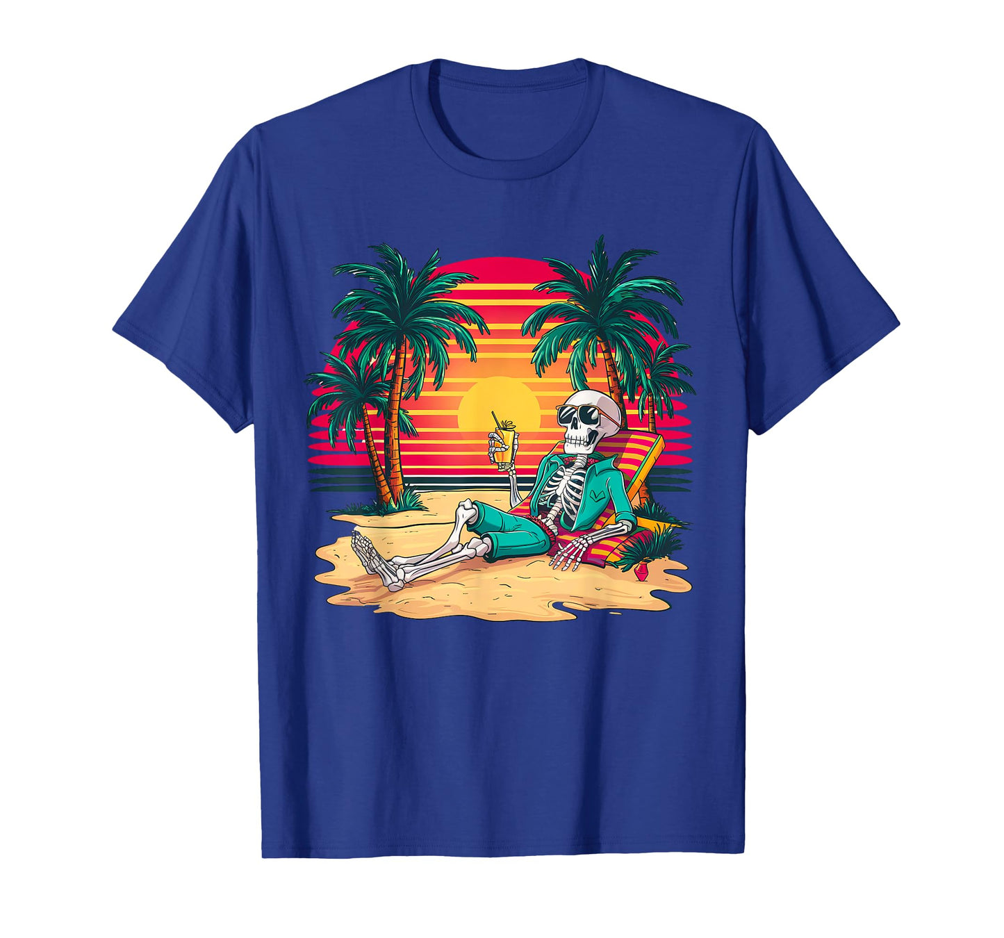 Funny Skeleton On Tropical Island Beach Retro T-Shirt for Men Women Kids