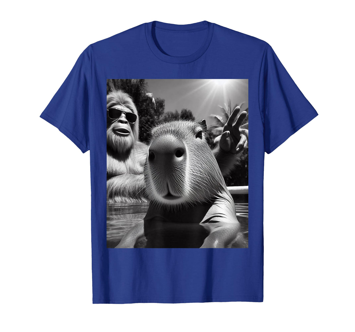 Funny Sasquatch Swimming Pool Capybara Selfie With Bigfoot T-Shirt