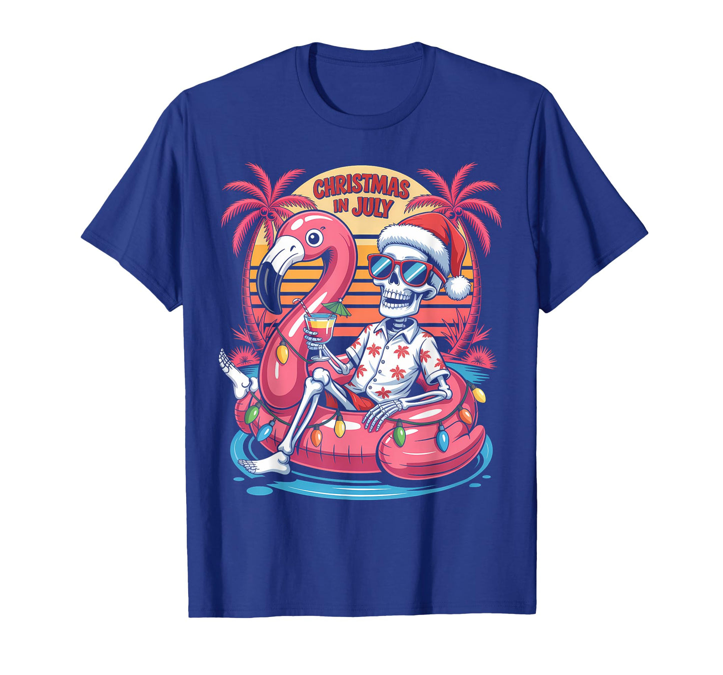 Christmas in July Skeleton Flamingo Float Summer Xmas T-Shirt