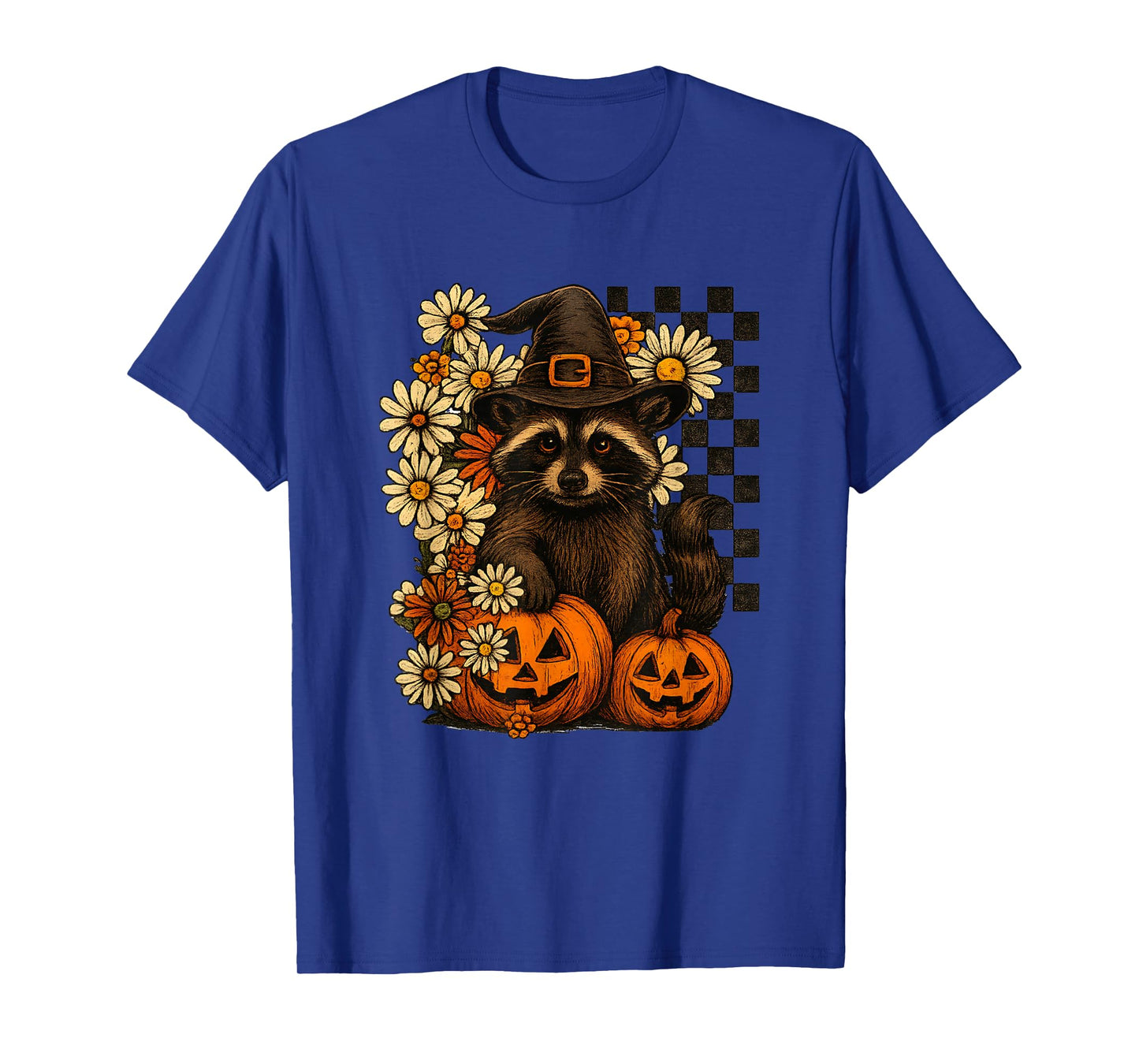 Cute Halloween Raccoon Witch Hat Pumpkins Fall Flowers T-Shirt