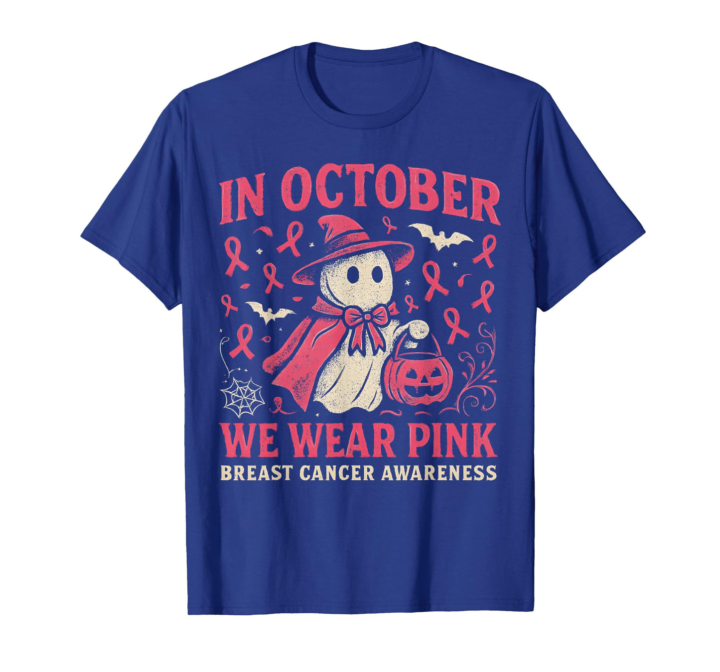 in October We Wear Pink Ghost Halloween Women Breast Cancer T-Shirt