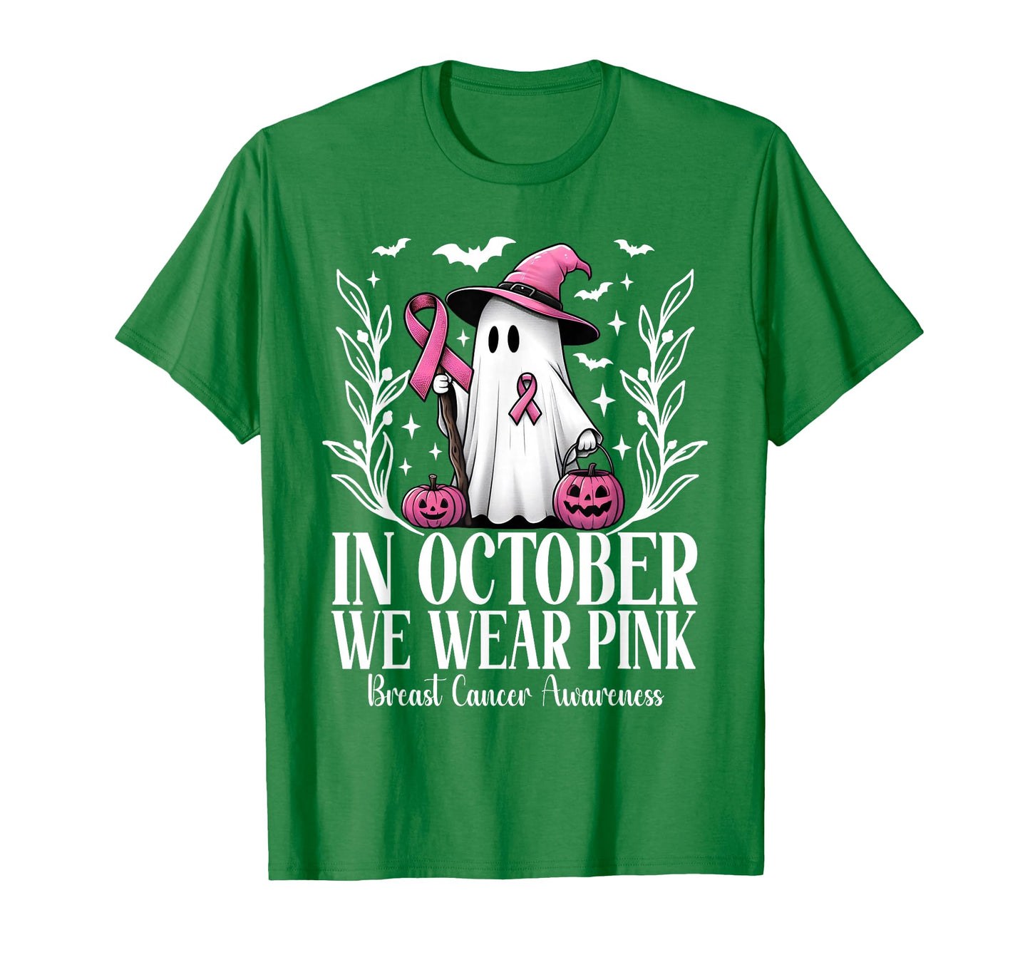 In October We Wear Pink Breast Cancer Ghost Witch Halloween T-Shirt