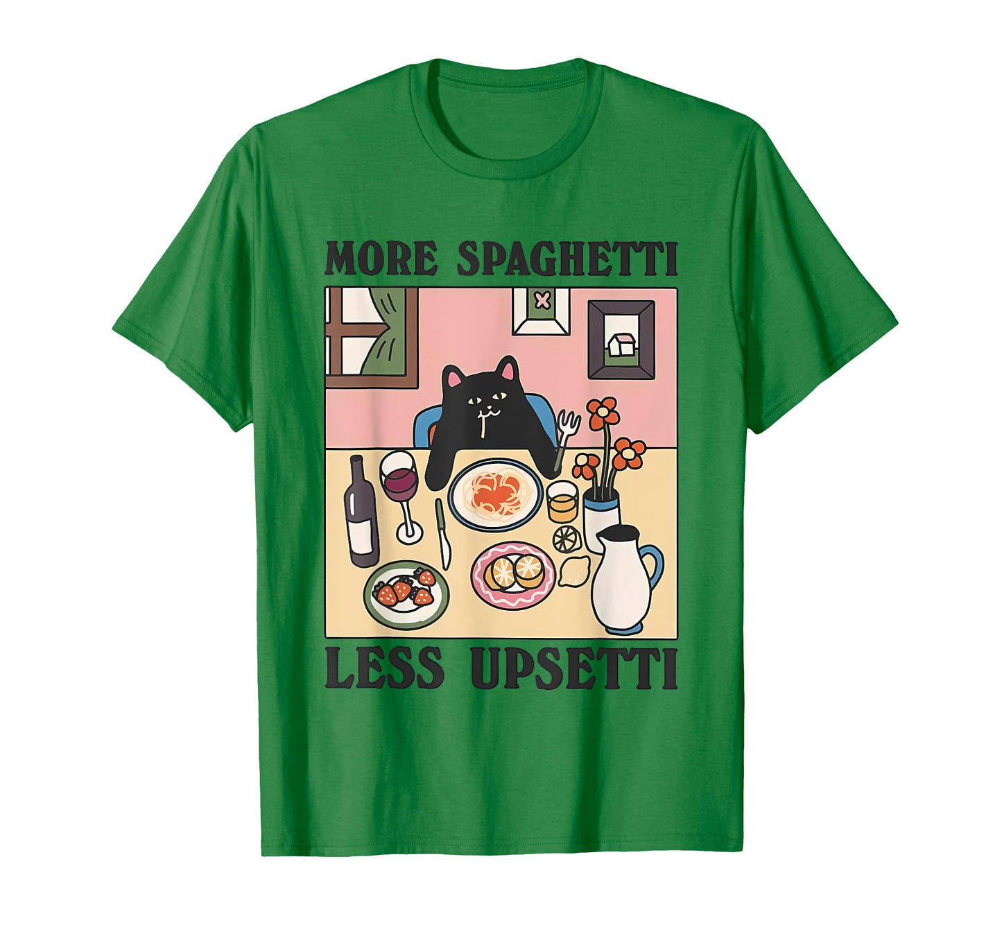 More Spaghetti Less Upsetti Funny Cat Eating Spaghetti T-Shirt for Men Women Girls Kids