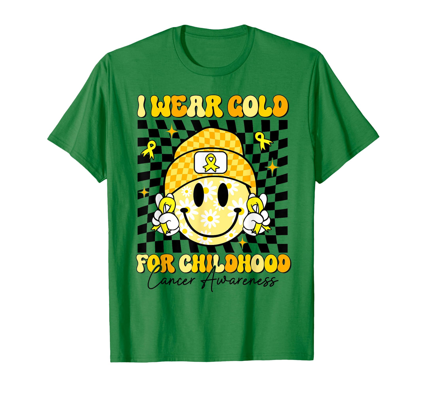 I Wear Gold For Childhood Cancer Smile Face Gold Ribbon Kids T-Shirt