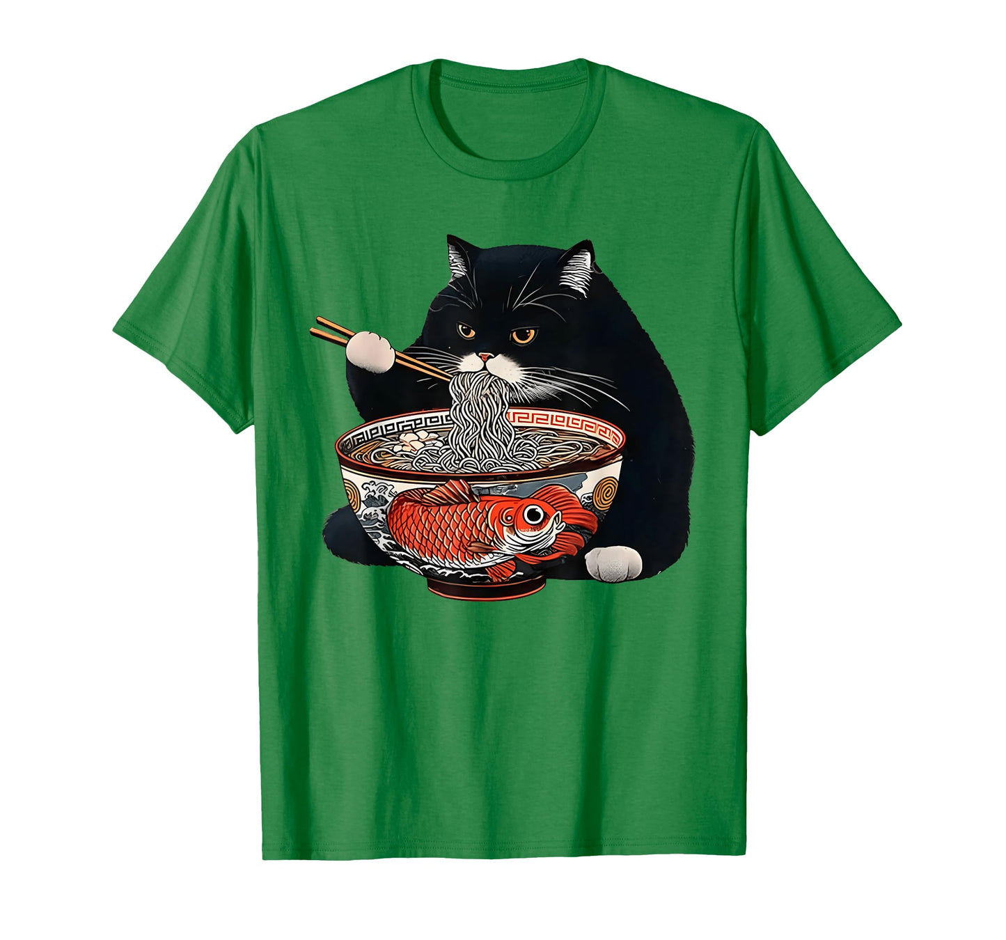 Funny Black Fat Cat Eating Ramen T-Shirt