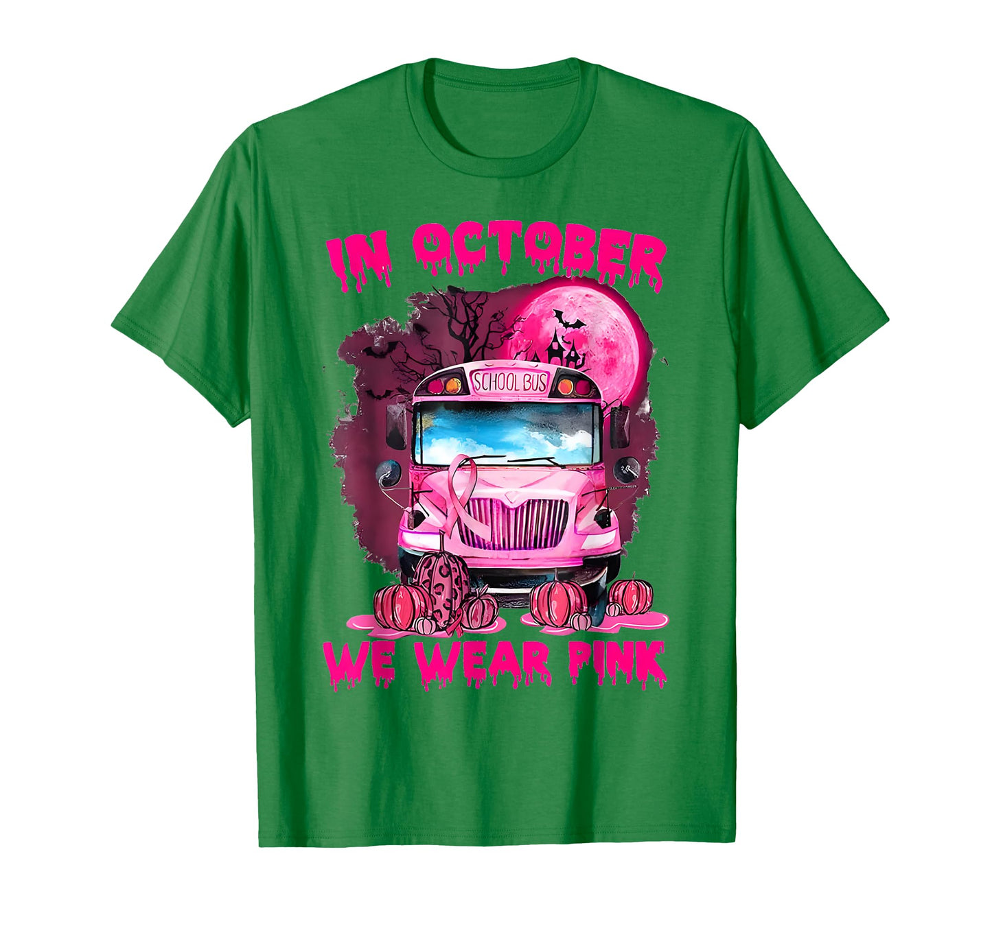 in October We Wear Pink Halloween School Bus Breast Cancer T-Shirt