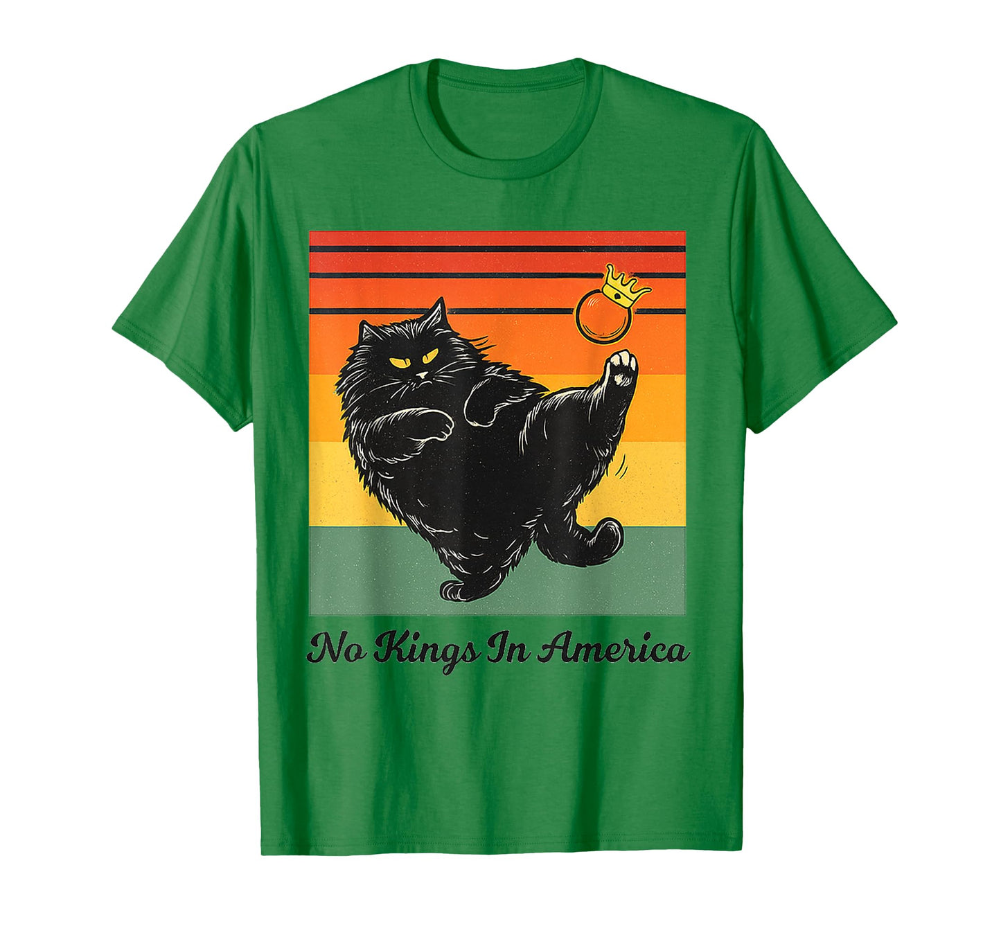 No Kings In America Black Cat Funny Cat Kicking Crown Retro T-Shirt