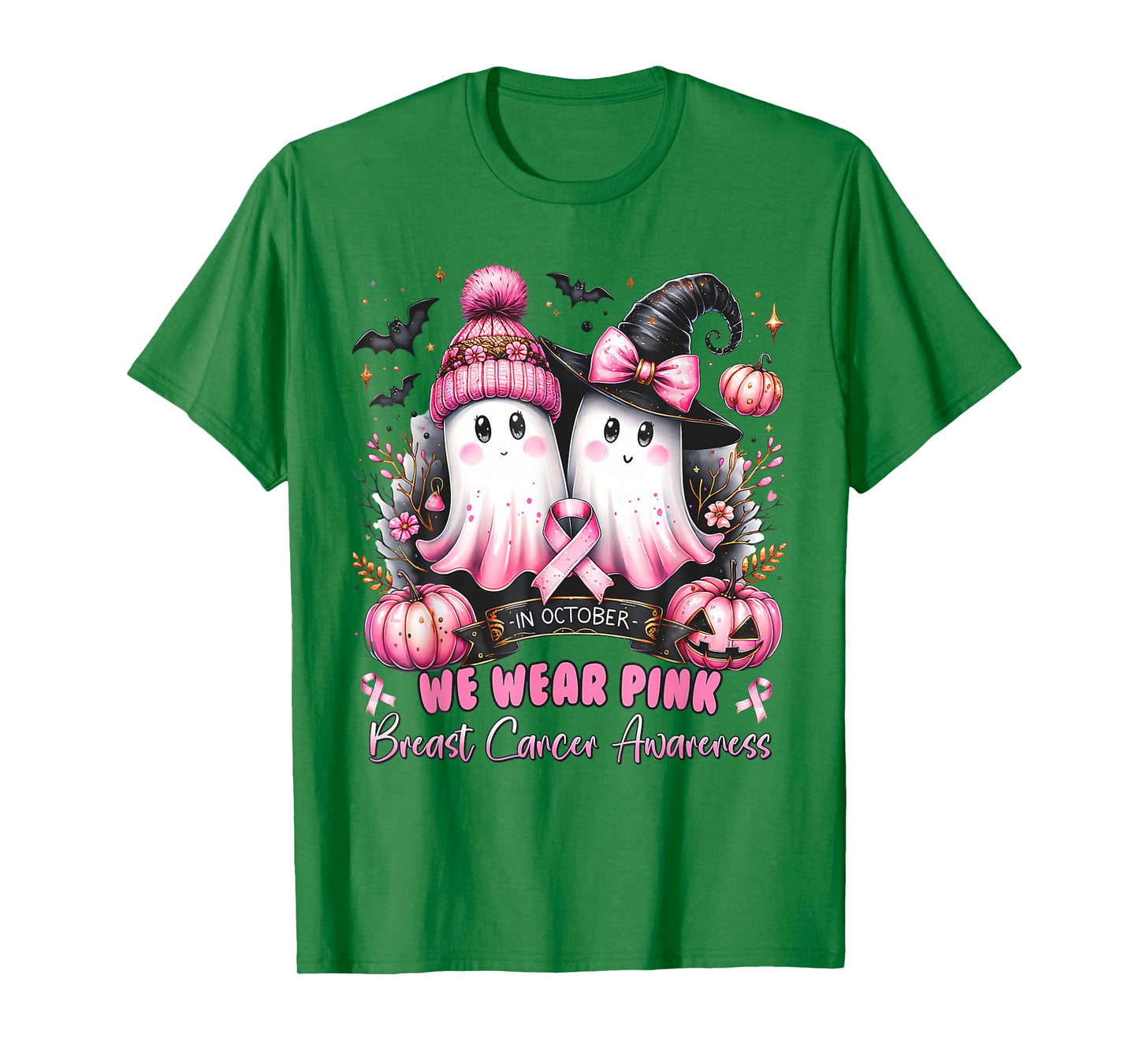 in October We Wear Pink Ghost Witch Breast Cancer Awareness T-Shirt