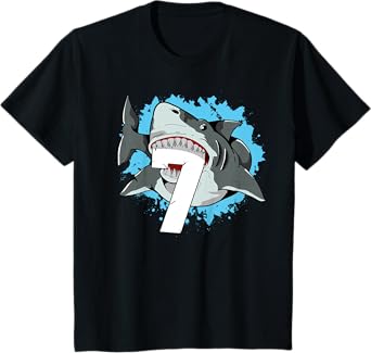 Shark 7th Birthday Boy 7 Seven Shark Theme Party T-Shirt