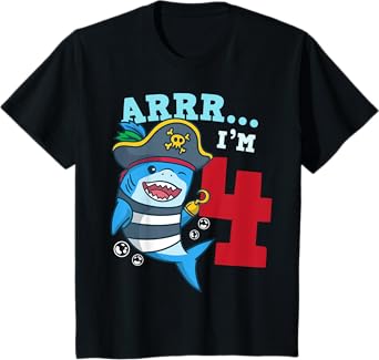 4th Birthday Pirate Shark I’m 4 Four Years Old Gift T-Shirt