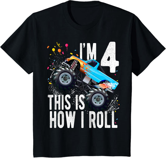 4 Year Old 4th Birthday Boy Monster Truck Car T-Shirt