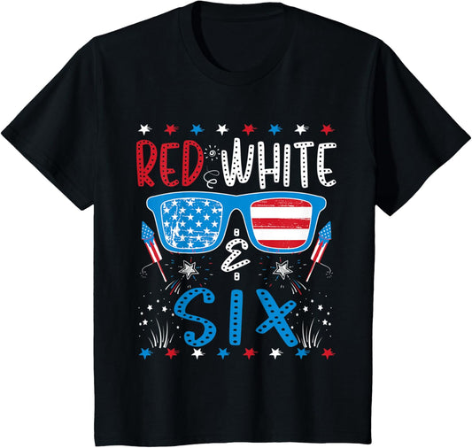 Kids Red White & Six Funny 6th Birthday 4th Of July Boys Girls T-Shirt