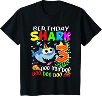 Kids Shark Birthday Boy Three Years Old Third Birthday Party Kids T-Shirt