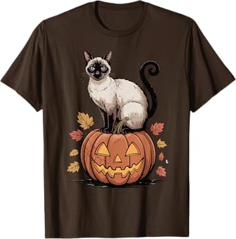 Vintage Siamese Cat Pumpkin Halloween Women Funny Mom Dad T-Shirt