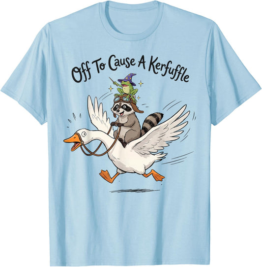 Off to Cause a kerfuffle Funny Graphic Tees Raccoon T-Shirt - T-Shirt | Light Blue