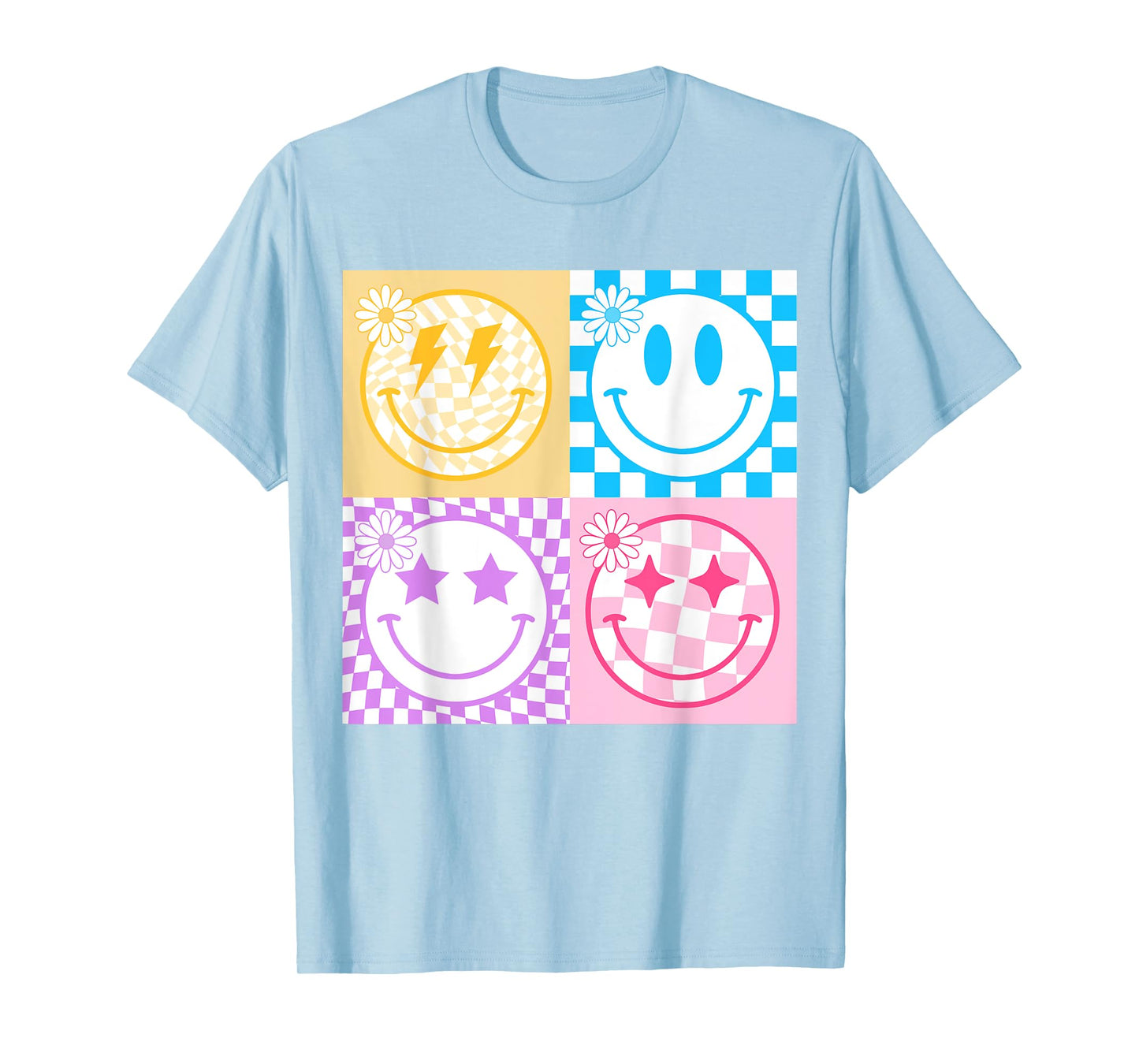 Retro Happy Face Shirt Checkered Pattern Smile Face Trendy T-Shirt
