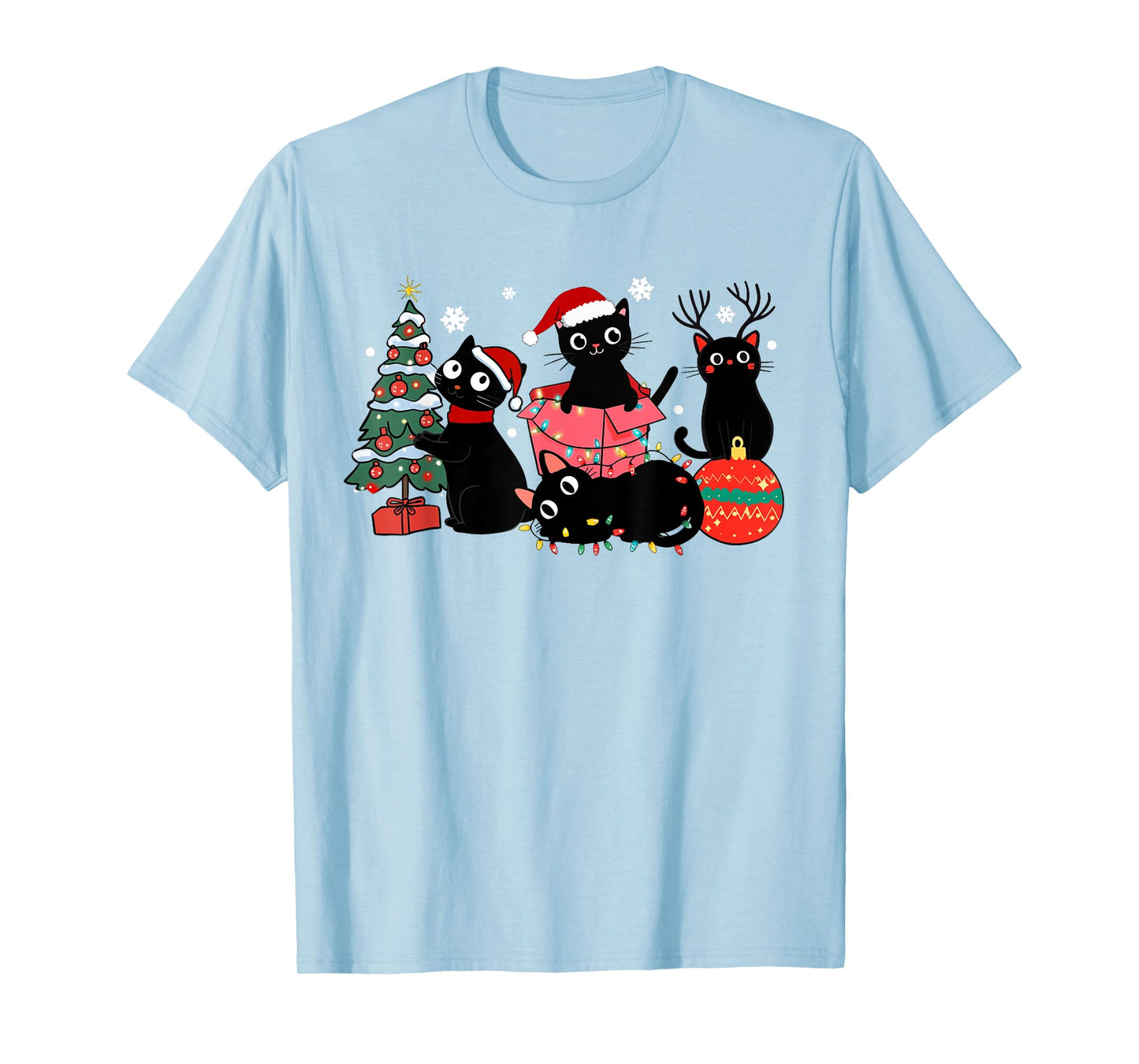 Meowy Christmas Black Cats Play Christmas Tree Lights Cats T-Shirt