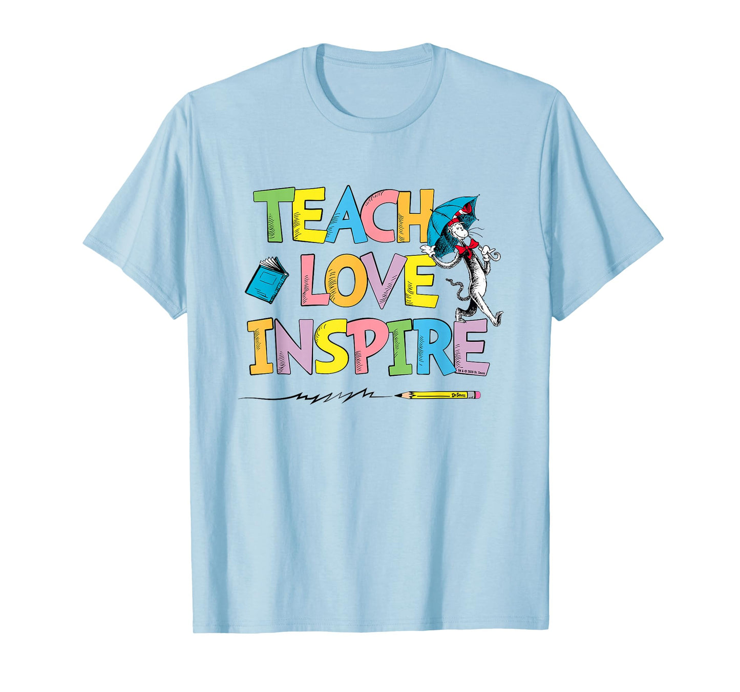 Dr Seuss Cat Hat Teach Love Inspire Officially Licensed T-Shirt - T-Shirt | Light Blue