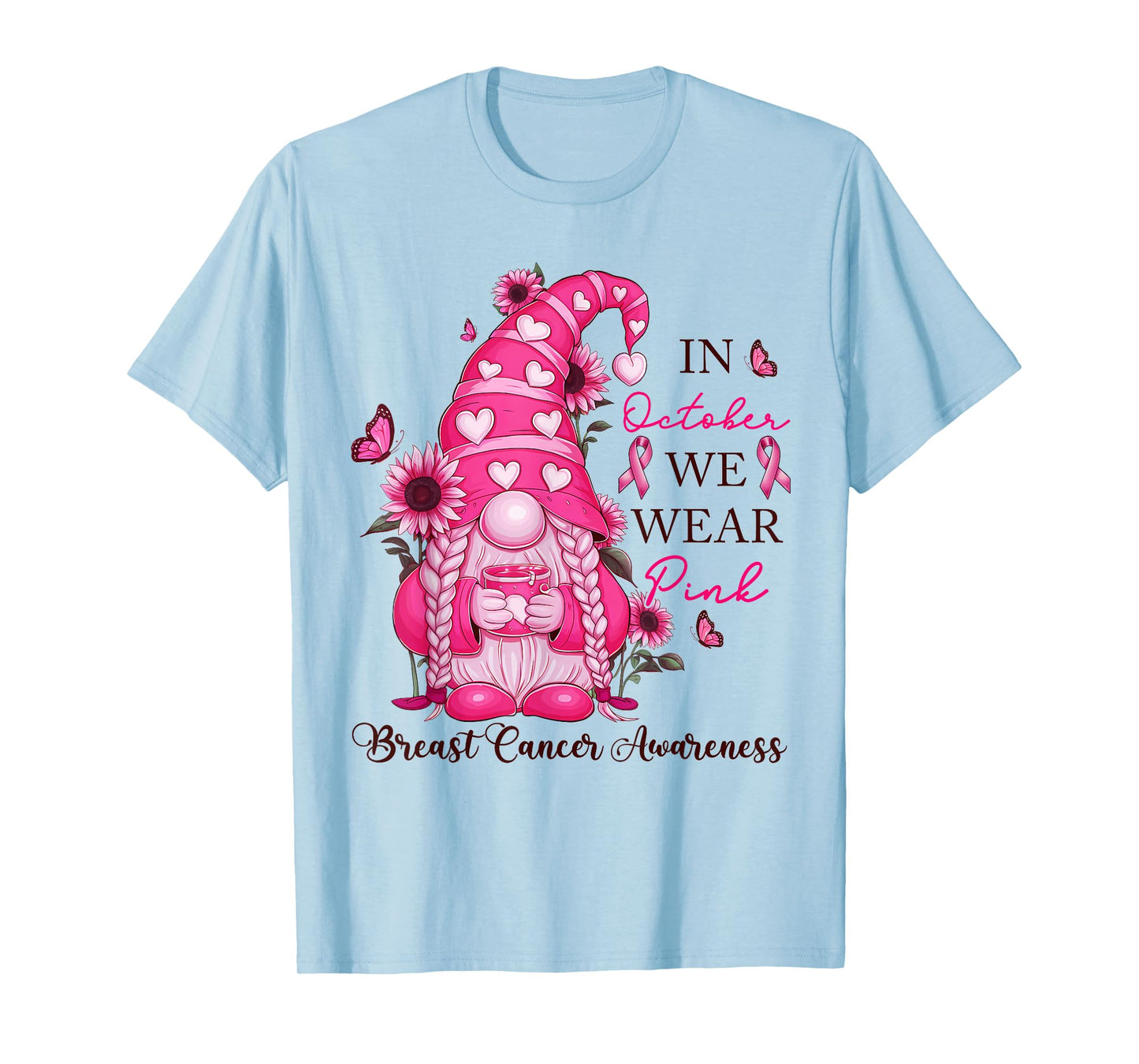 Cute Gnome Breast Cancer Awareness Pink Heart Pink Ribbon T-Shirt