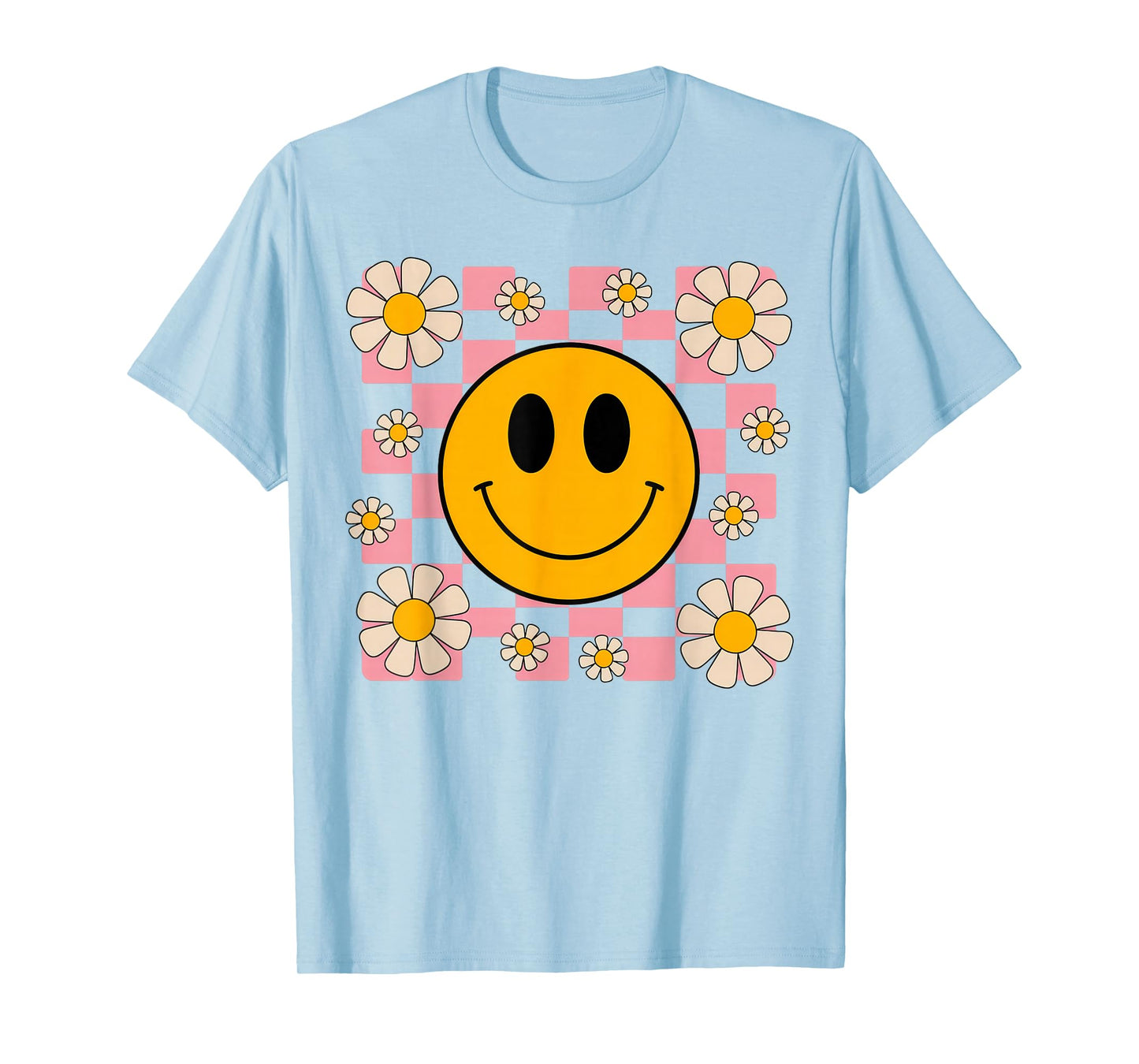 Retro Happy Face Shirt Checkered Pattern Smile Face Trendy T-Shirt
