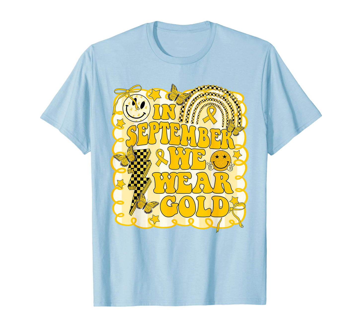 in September We Wear Gold Childhood Cancer Rainbow Butterfly T-Shirt