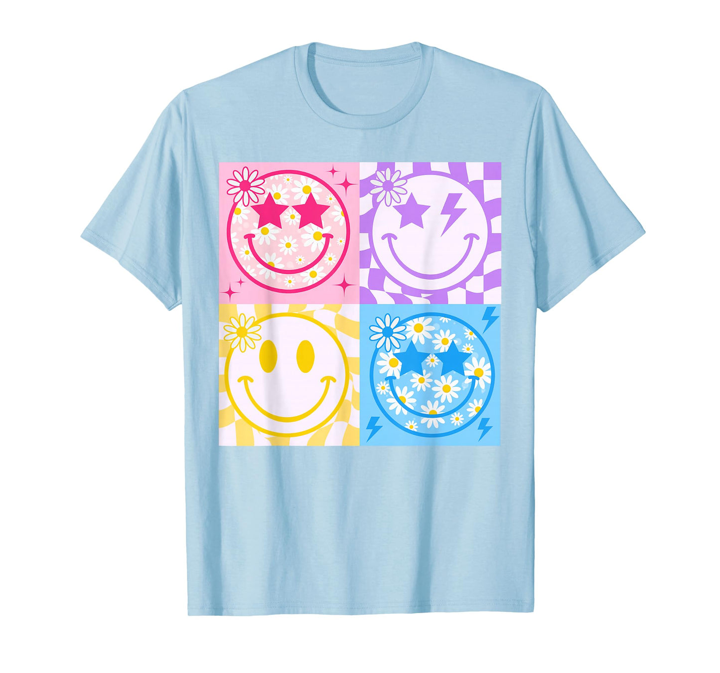 Happy Face Smile Checkered Pattern Retro Vibes Trendy Funny T-Shirt