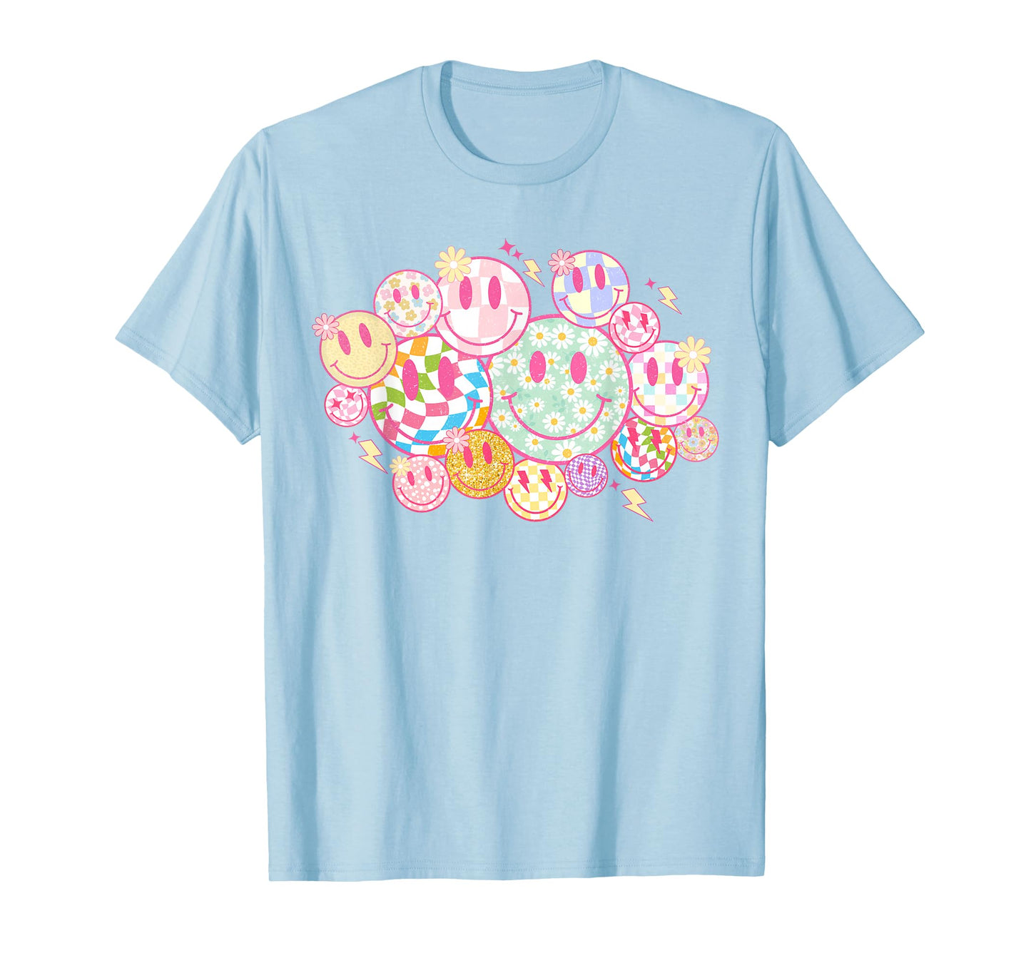 Retro Smile Face Flower Happy Face Checkered Pattern T-Shirt