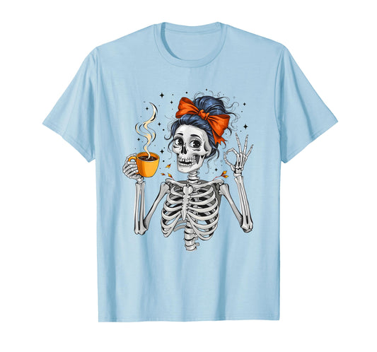 Halloween Skeleton Messy Bun Coffee Funny Costume Mom Women T-Shirt