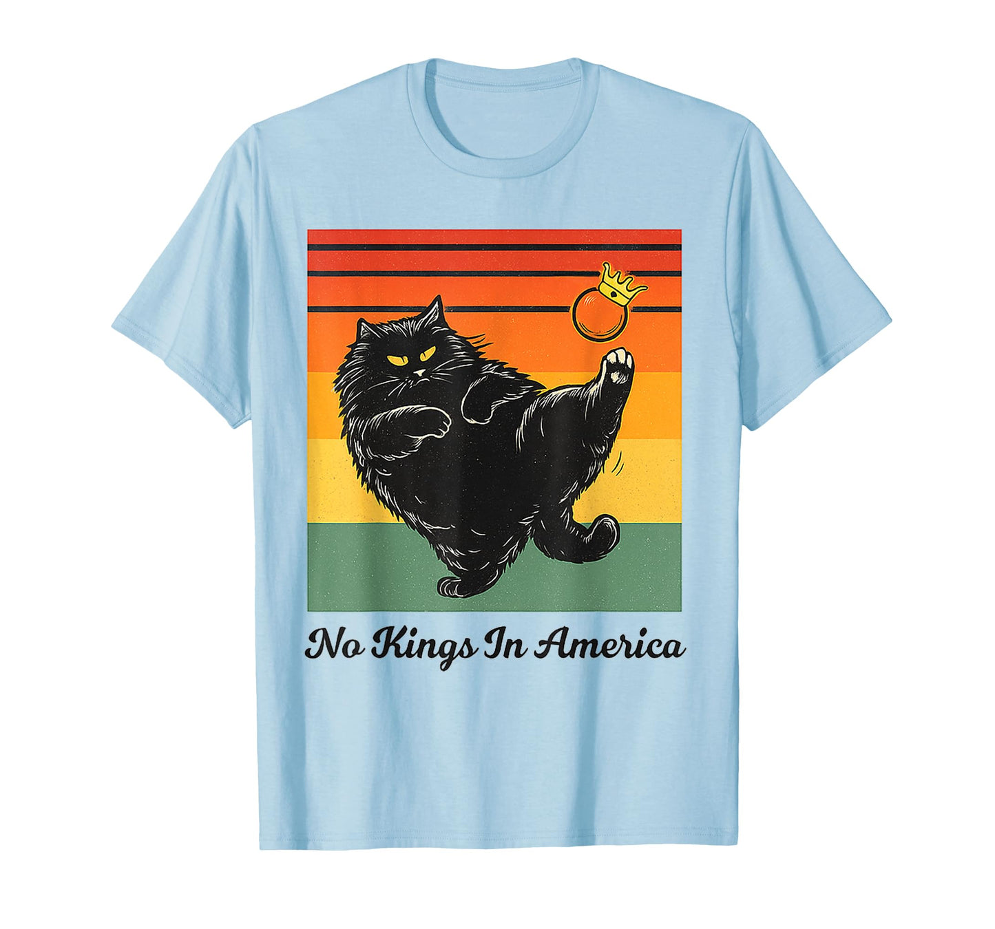 No Kings In America Black Cat Funny Cat Kicking Crown Retro T-Shirt