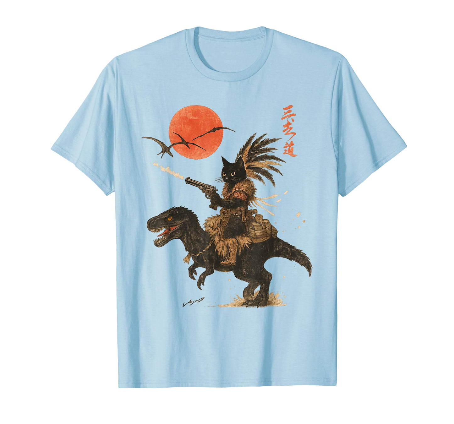 Retro Tribal Black Cat Rides A Dinosaur Print T-Shirt
