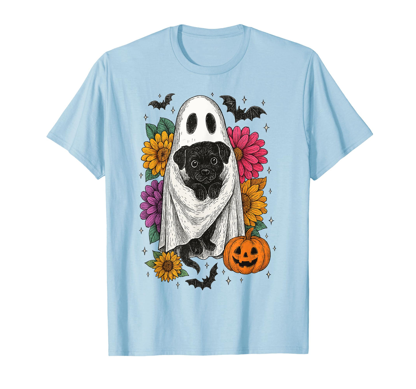 Ghost Black Dog Floral Halloween Coquette Funny Black Dog T-Shirt
